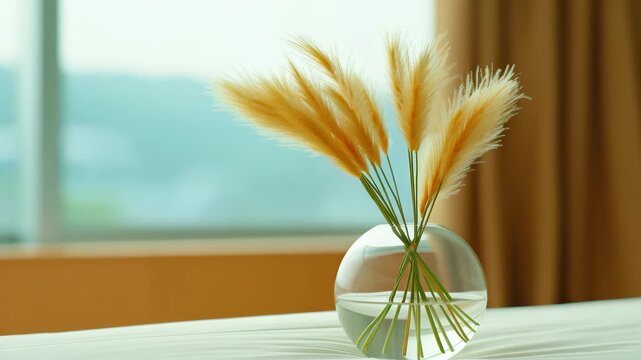 Pampas Grass in a Clear Vase: Delicate plumes of pampas grass stand tall in a spherical glass vase, catching the soft light near a window, bringing a touch of natural elegance to an interior space.