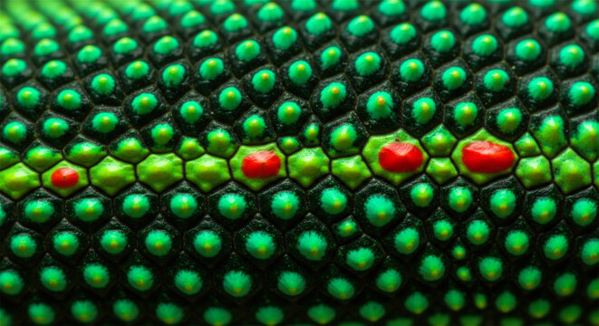 Green gecko skin texture close up, macro shot of vibrant reptile scales, exotic lizard skin pattern with red spots