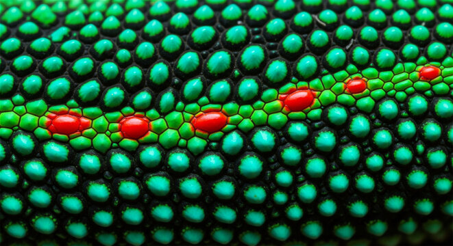 Gecko skin texture macro, vibrant green and turquoise reptile scales with red spots, exotic lizard skin pattern background