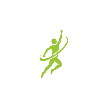 Minimalist lime-green human silhouette in mid-motion with a dynamic curved swoosh encircling the torso on a solid white background, fitness brand identity