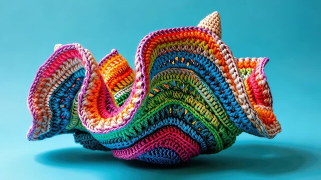 Vibrant Crochet Sculpture: A mesmerizing, multi-colored crochet sculpture with intricate patterns and textures, resembling a flowing wave, is showcased against a serene blue background.