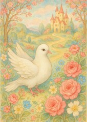 Fototapeta premium Whimsical dove castle flowers