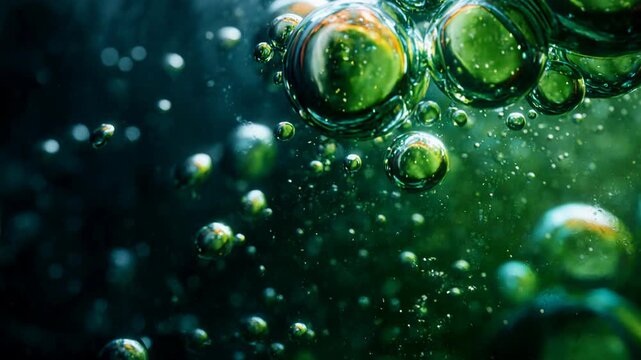 Abstract macro view of vibrant green bubbles and water droplets in motion