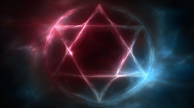 Glowing Hexagram with Red and Blue Energy on Dark Background