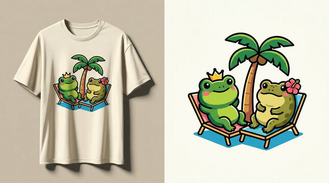 Cute Cartoon Frogs Relaxing on Beach Chairs Summer T-shirt Design.
