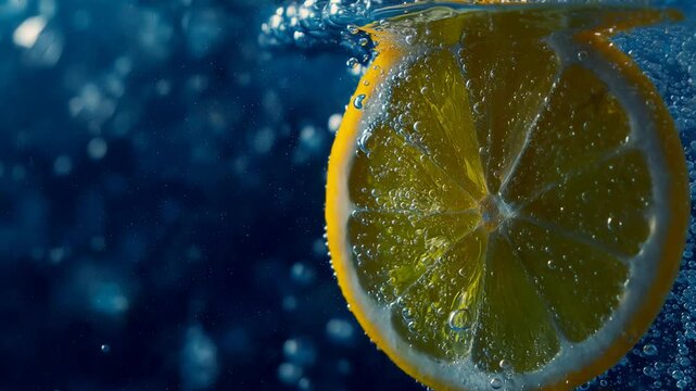 Bright lemon slice submerged in sparkling water with tiny bubbles