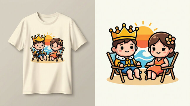 Cute cartoon king and queen couple sitting on beach chairs t-shirt design.