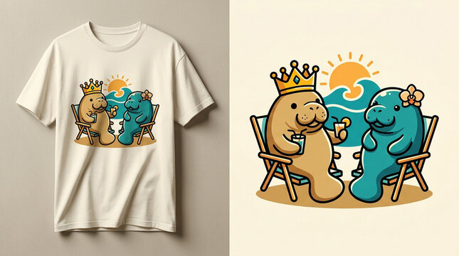 Cute Cartoon Manatees Relaxing on Beach Chairs Illustration.