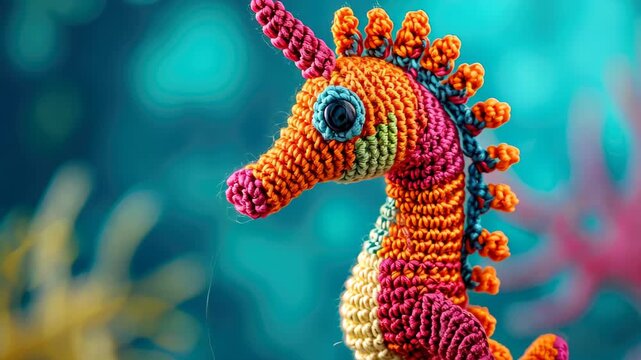 Crocheted Seahorse Toy: A vibrant, handmade crocheted seahorse toy in a spectrum of colorful yarn, featuring big button eyes and intricate stitch detail.