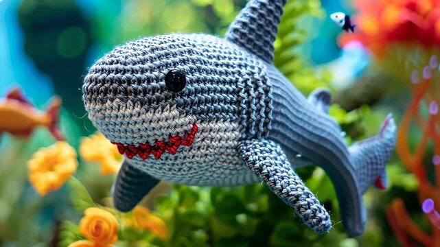 Crocheted Shark Adventure: A charming crocheted shark with wide eyes and red stitched teeth swims playfully amidst vibrant coral and aquatic plants, bringing a whimsical underwater world to life.