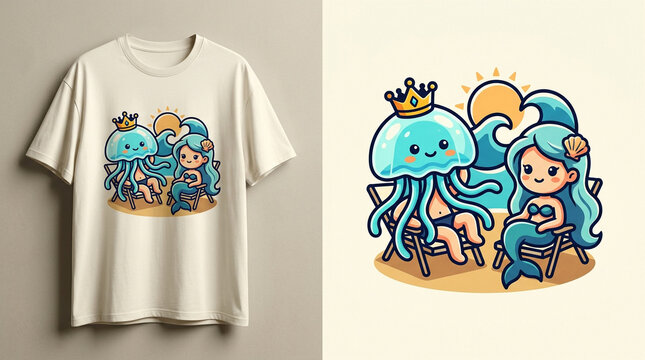 Cute cartoon mermaid and jellyfish relaxing on the beach t-shirt design.