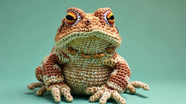 Crocheted Toad: A charming, handcrafted toad with intricate stitch detail sits attentively against a soft, mint-green backdrop. Its textured skin and large, expressive eyes, meticulously crocheted.