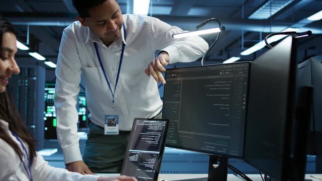 IT team monitors cybersecurity risks within a server infrastructure workspace, aligning network security, data protection and traffic monitoring while reviewing critical system details