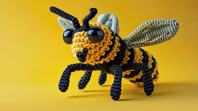 Handmade Bee Toy: A charming, crocheted bee toy with big, expressive eyes and striped body, set against a vibrant yellow background.