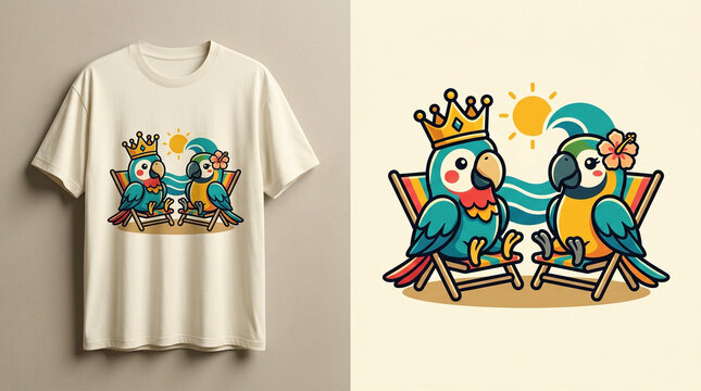 Cute cartoon parrot couple wearing crown and flower on beach chairs summer vacation t-shirt design.