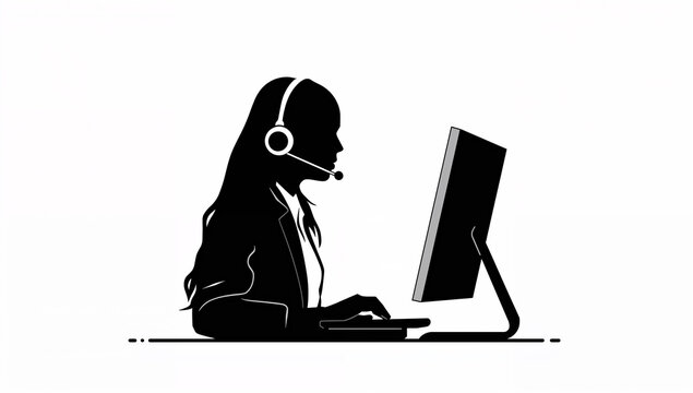 ヘッドセットを着けてパソコン作業する女性オペレーターのミニマル黒シルエットアイコン