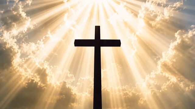 Christian Cross in Heavenly Clouds with Sacred Golden Light