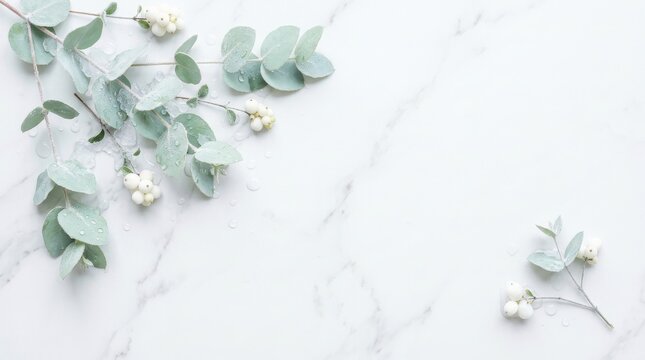 Frosted Eucalyptus and White Berries on White Marble Surface