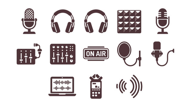Podcast and recording studio equipment icons.