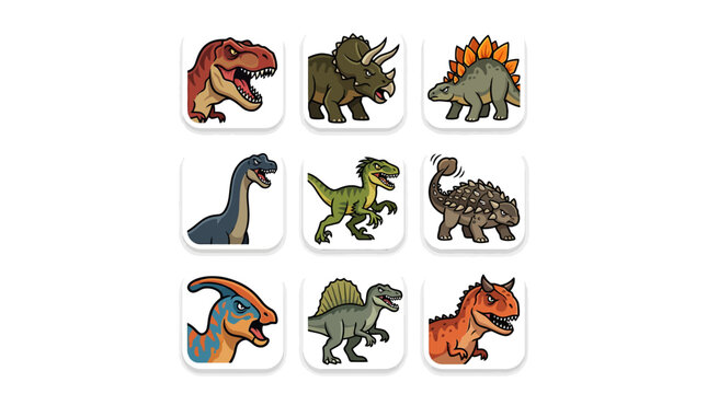 Prehistoric dinosaur character portrait square icon set.