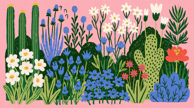 modern painted flower garden with colorful blooming botanical landscape