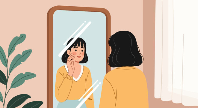 Young Woman Celebrating Acne Positivity Day Looking in Mirror