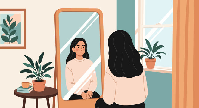 Young woman smiling at her reflection on Acne Positivity Day