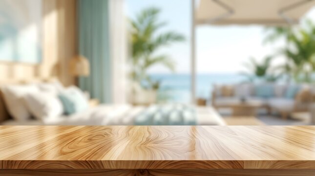 Empty Wooden Tabletop Surface for Product Placement with Blurred Luxury Tropical Beach Resort Hotel Room Background.