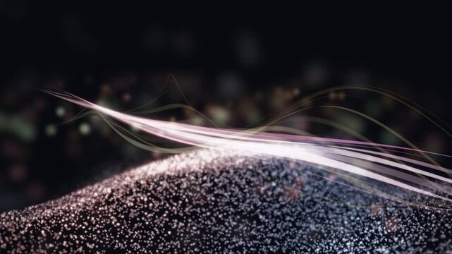3D Render A mesmerizing 3D render video featuring luminous, flowing light trails against a dark, textured backdrop
