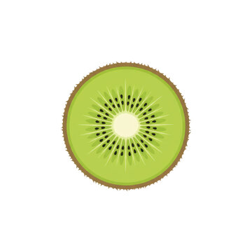 Halved kiwi fruit slice with vibrant lime green flesh and black seeds, minimalist flat vector illustration isolated on white background, modern graphic concept