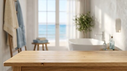 Fototapeta premium Empty wooden table top for product display in luxury bathroom interior with a scenic sea view window background setup.
