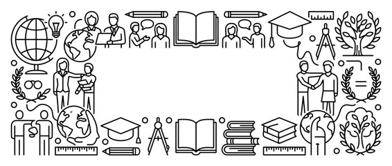 Obraz premium Education and Knowledge Line Art Banner with Academic Symbols