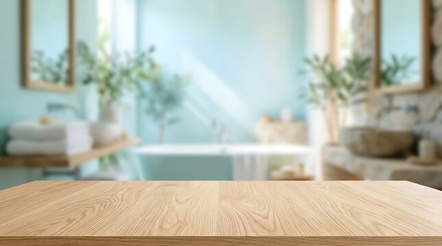 Wooden table top with blurred bathroom interior background for product presentation in bright modern home spa mockup