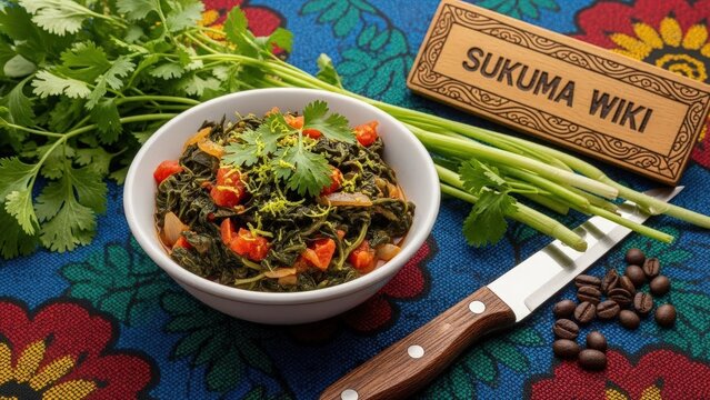 Gourmet Sukuma Wiki Collard Greens with Tomatoes and Onions, Minimalist Fresh Green Copy Space