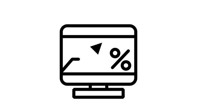 Financial Percentage Analytics Animated Icon. Precise animated icon displaying computer screen with percentage sign and trend line representing financial rate and interest tracking.