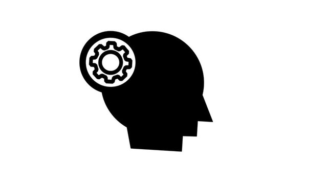Human Brain Gear Animated Icon.Animated vector icon representing human head profile with rotating gear brain for artificial intelligence and creative thinking footage.