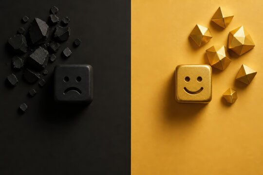 Mood change concept with sad black cube and smiling gold cube on split background