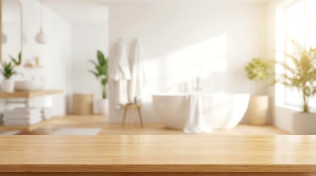 Empty Wooden Table Mockup Foreground with Blurred Modern Bright Bathroom Interior for Product Display Presentation.