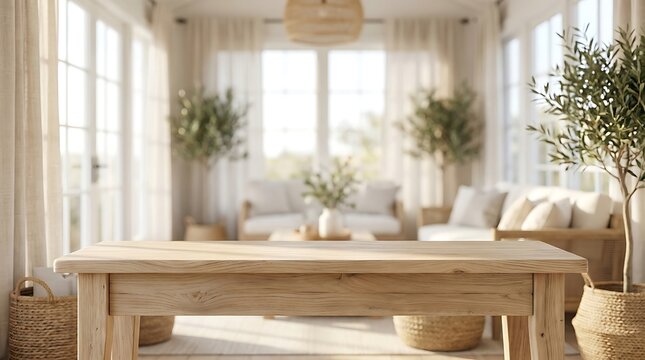Wooden table mockup in bright modern living room interior with olive trees and sun light for product display banner