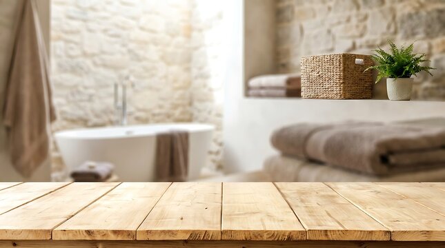 Empty wooden table for product presentation with blurred luxury spa bathroom interior background for wellness mockup.