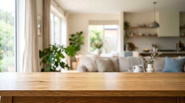 Empty Wood Table Top on Blurred Modern Living Room Interior Background for Product Placement Mockup Banner Display