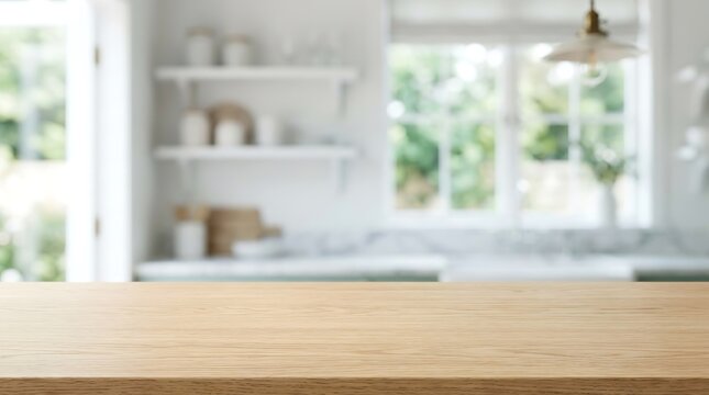Premium empty wooden table top for product placement with blurred modern bright kitchen interior background template mockup