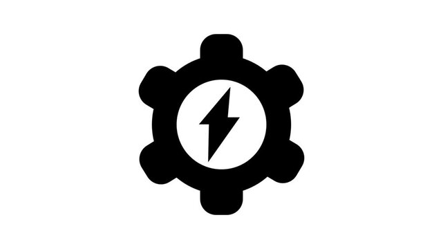 Power Efficiency Setting Animated Icon. Dynamic animated icon featuring gear wheel with lightning bolt symbol representing power efficiency, energy management, and system setup.