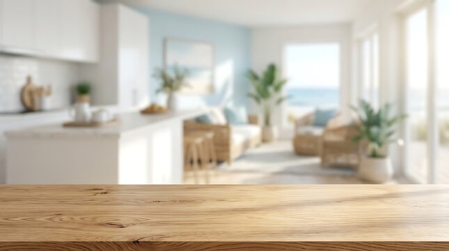 Empty Wooden Table Top Foreground Blurred Coastal Kitchen Living Room Background for Product Display Mockup Design