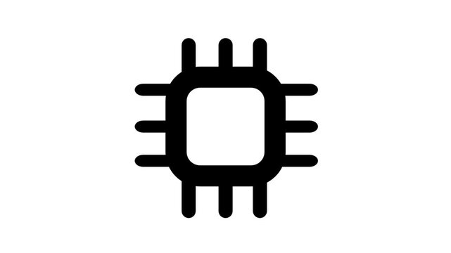 CPU Processor Microchip Animated Icon. Sleek animated icon depicting square microchip with connection pins representing central processing unit, hardware, and digital computing.