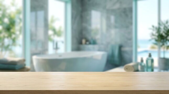 Wooden table top in front of blurred luxury bathroom interior with white bathtub for product display and spa marketing.