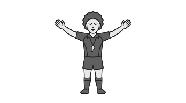 Female referee in uniform signaling with open arms.