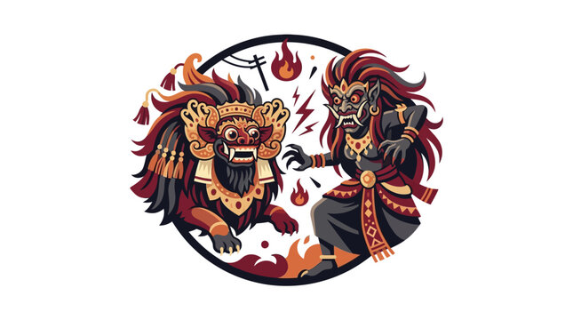 Fiery Barong and Rangda circular battle graphic art.