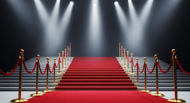 Red carpet staircase featuring gold stanchions and velvet ropes under bright dramatic spotlights in a dark luxury event hall
