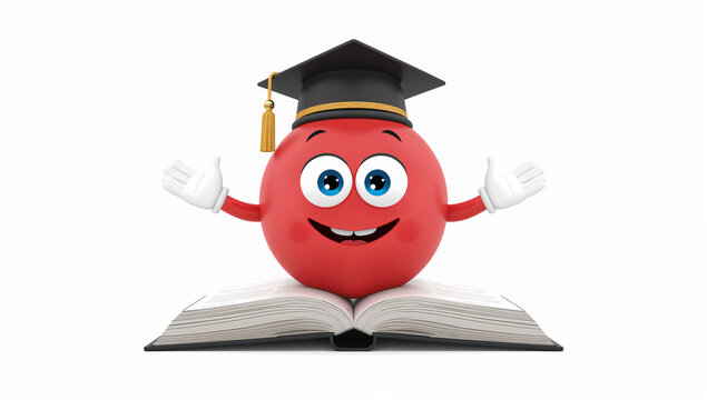 学士帽をかぶり元気に手を広げる開いた本の3Dキャラクターイラスト
